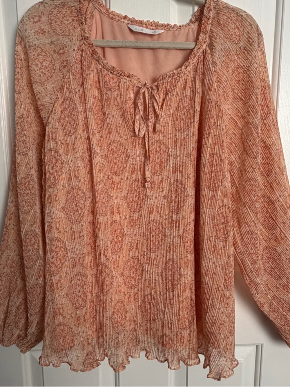 LC Lauren Conrad Peach Tie-Neck Pleated Boho Blouse